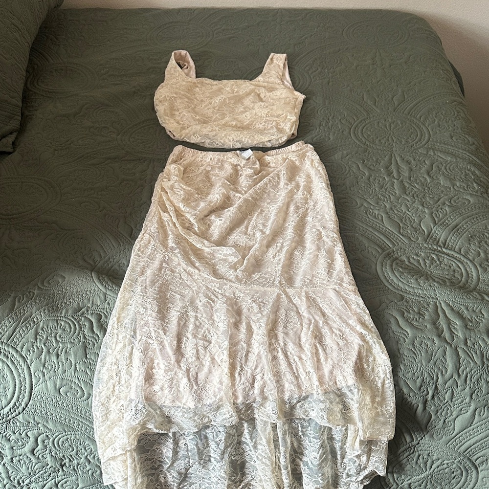 Elegant Cream Lace Top & Skirt set